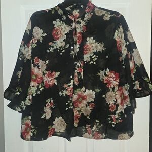 Floral Batwing Sheer Blouse - Black and Red